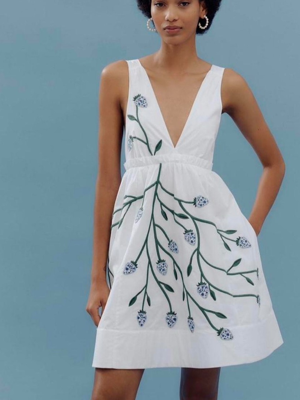 Maeve White V-Neck Mini Dress with Green & Blue Embroidery